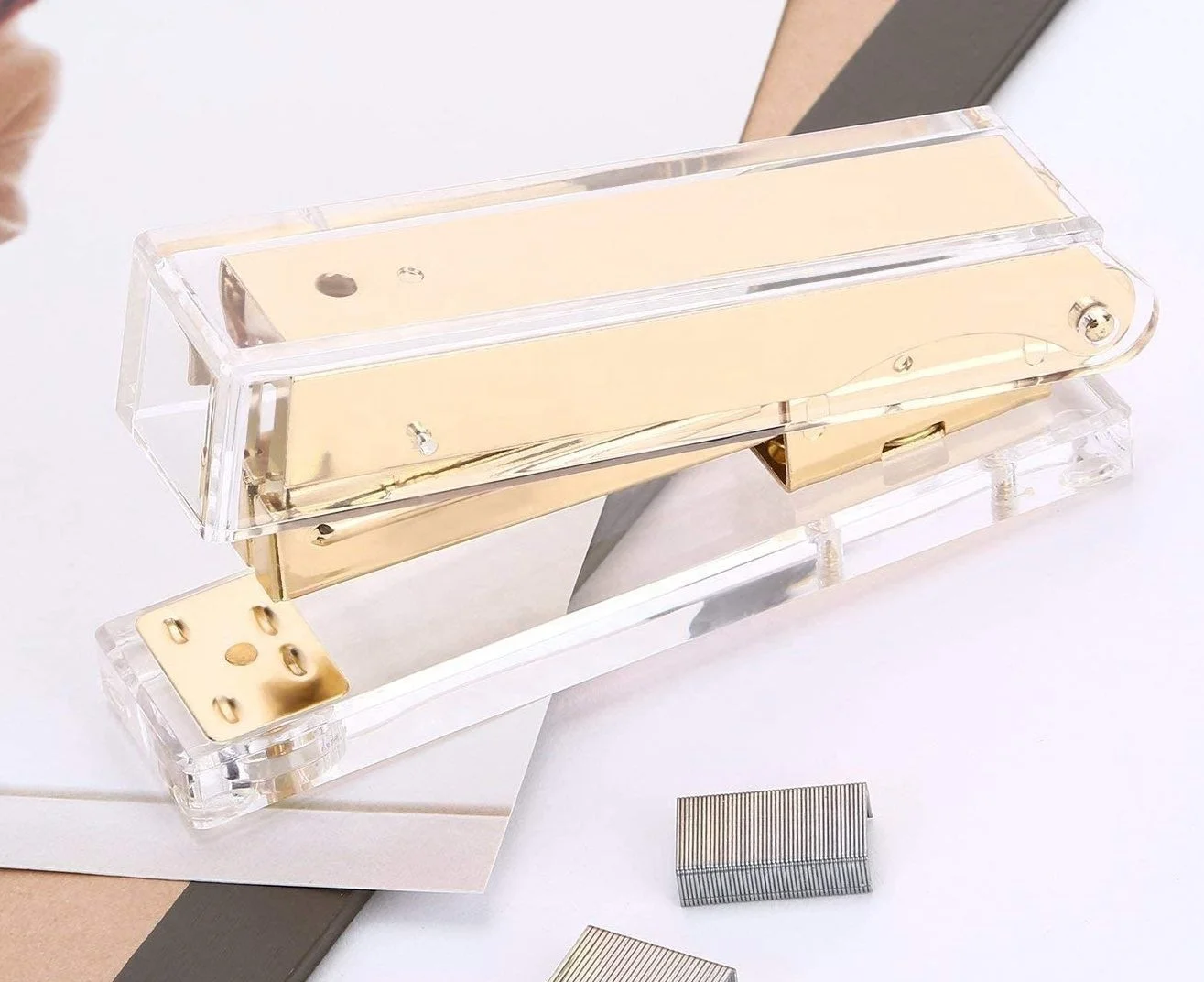 Classic Modern Design Clear Acrylic Gold Stapler Office Desk Accessories