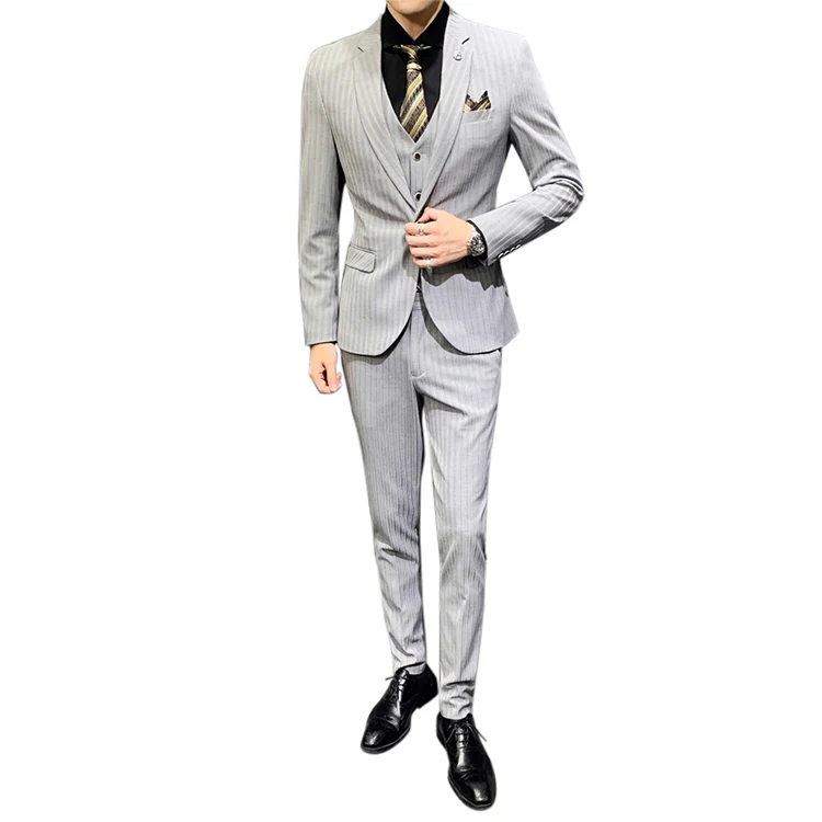 Смокинг для жениха в полоску, Свадебный мужской костюм, 3 предмета, повседневный Блейзер, комплект для мужчин, деловой смокинг + рубашки