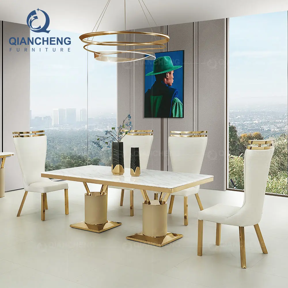 Foshan luxury high end design furniture house dinning room set natural cave stone marble dining table with chair genuine leather