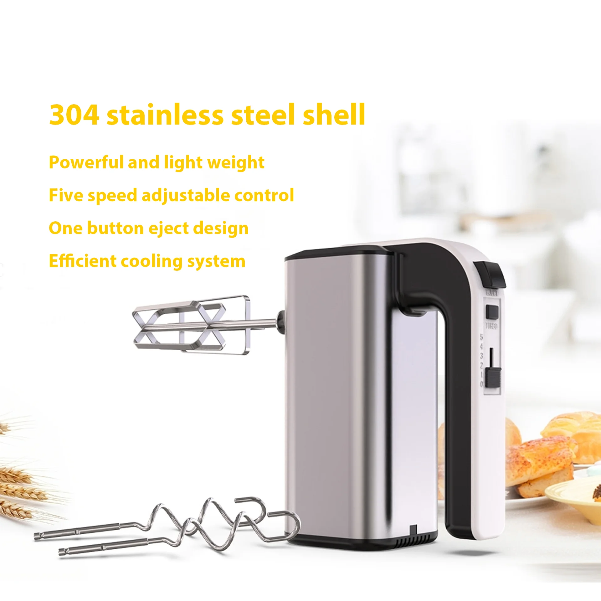 Hot Sale Pure Copper Motor Shadow Green 300W Powerful Durable 5 Speed Electric Egg Beater Hand Mixer