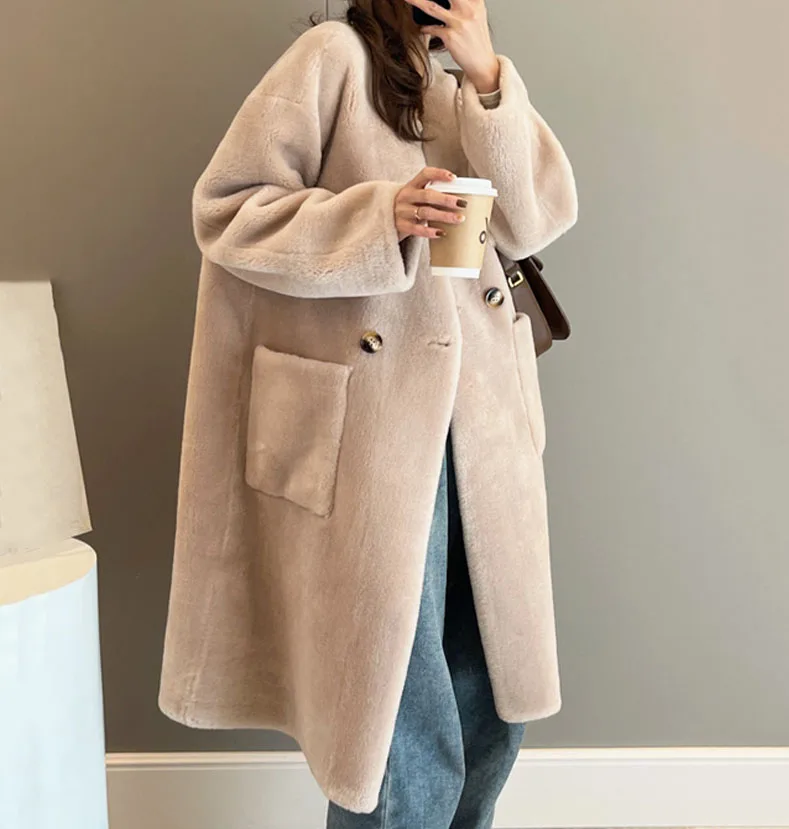Manufacturer Women V Neck Coat Double Korean Fashion Fur Jacket Woolen Shearing Sheep Fur Loose Fit Winter Long Coat