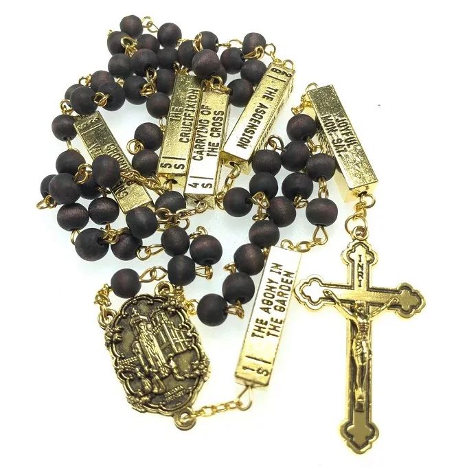 6*7mm rose scented perfume rosary, catholic necklace with five mysteries antique gold fatima center and jesus cross