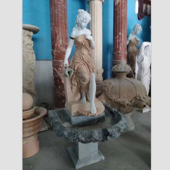 Garden Decoration White And Red Marble Garden Water Famale Lady Statue Fountain In Stock