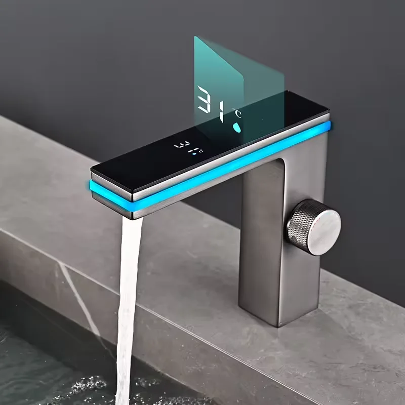 LED Intelligent Digital Temperature Display Hydroelectric Power Smart Surround Atmosphere Brass Aluminum Bathroom Basin Faucet