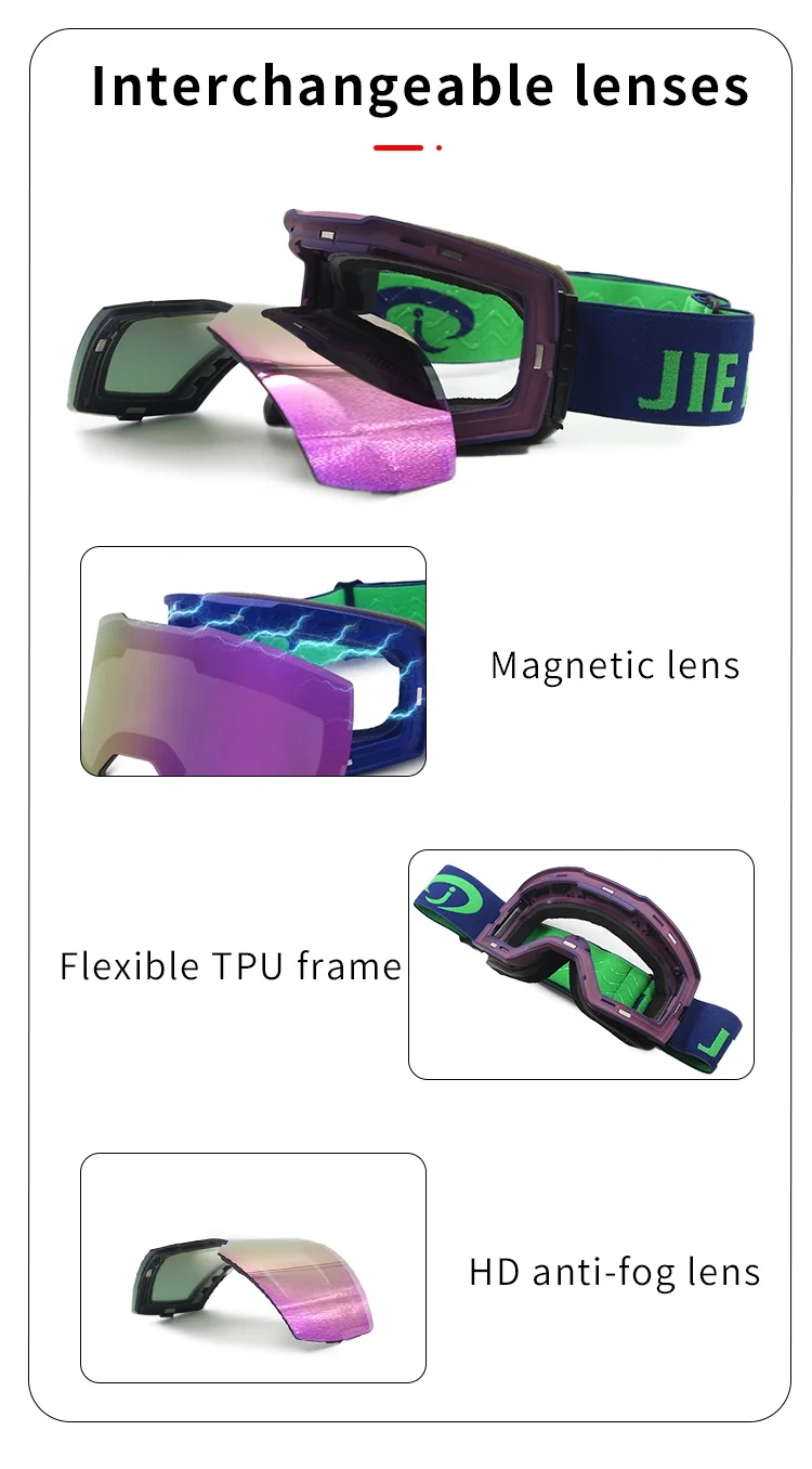 JIEPOLY индивидуальный OEM логотип с магнитным ремешком образец дизайна UV400 очки для сноуборда противотуманные солнцезащитн