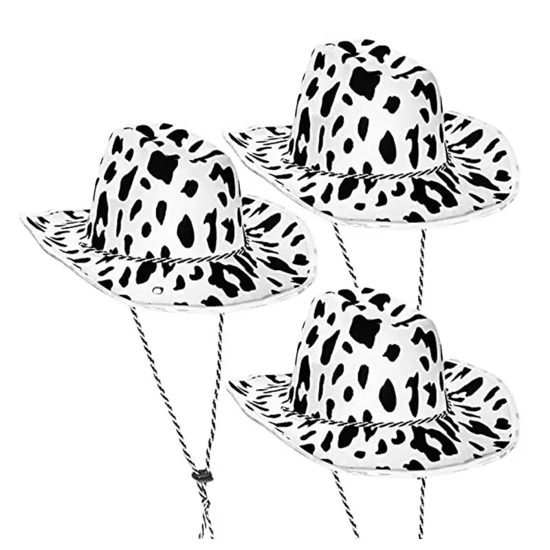 Professional Designer Milk Print Cotton Yarn outdoor large brim Cowboy Hat Western Cow Pattern Double Fleece Shaped Cowgirl Hat