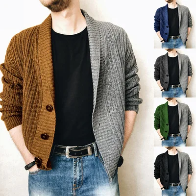 Mens Classic cardigan sweater Loose Long Sleeve wholesale Cable Knit Shawl Collar half color block Cardigan sweater