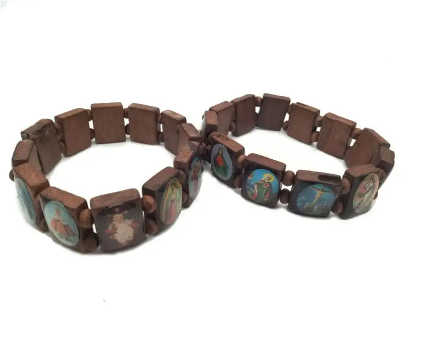 
Spot Religious Catholic Ornaments Christian Supplies Wooden Icon Drops Elastic Rosary Bracelets 