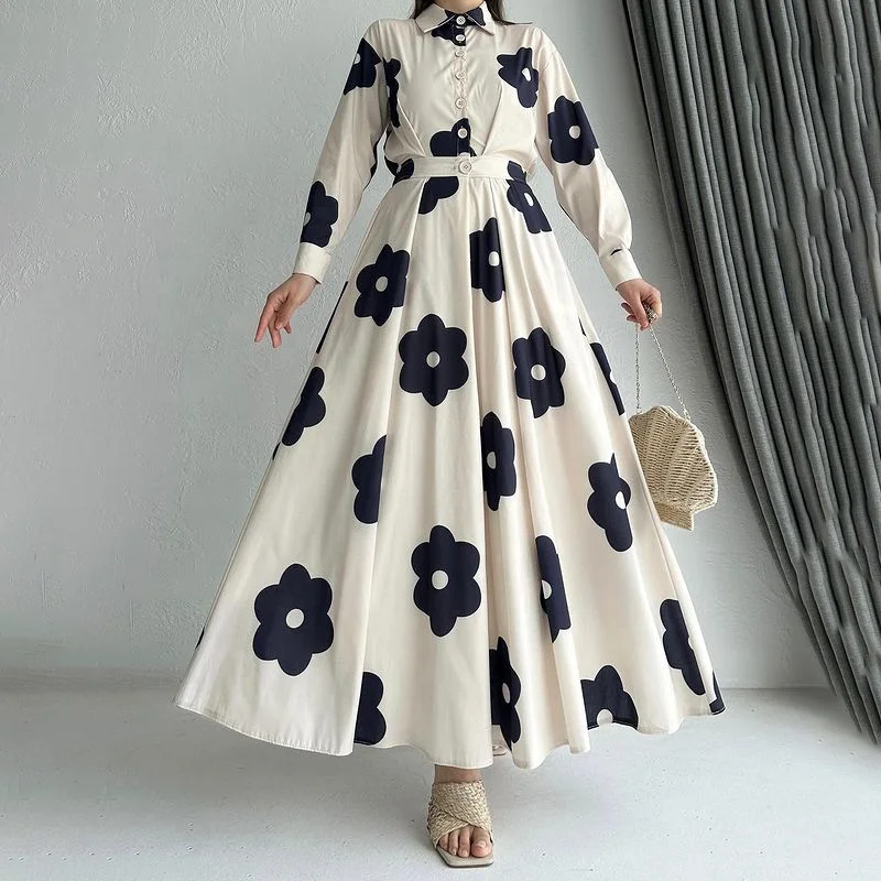 European And American Collar Printed Long Skirt Autumn High Waist Slim Fit Elegant Long Sleeved Dress
