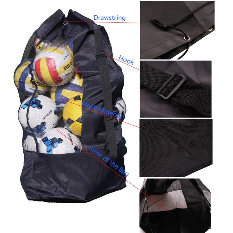 Large Capacity Heavy Duty Mesh Drawstring Football Basket Soccer Ball Net Bag With Adjustable Shoulder Strap