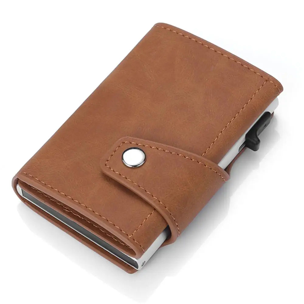 RFID Safe Wallet Card Case Pop-up Card Case 3 fold Genuine Leather Credit Card Holder