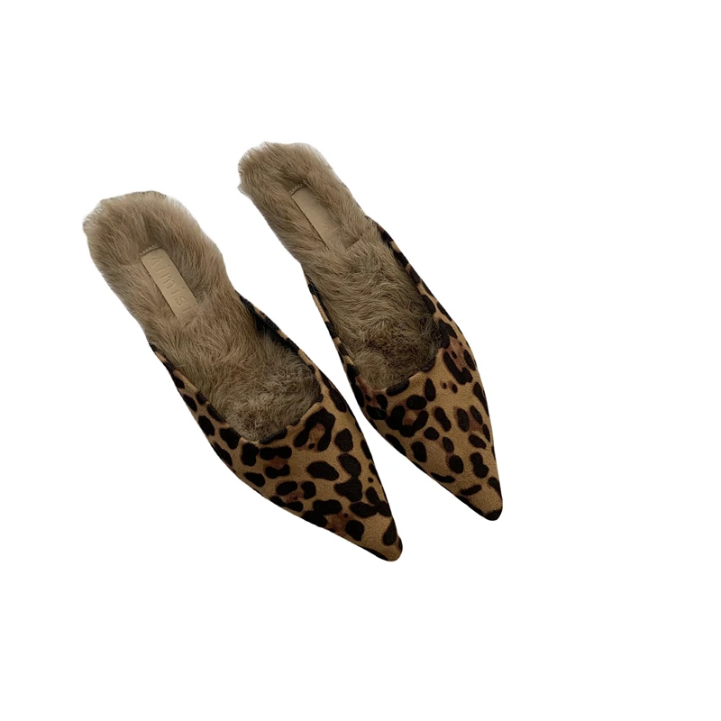 Korean version of fashion leopard-print baotou half slippers women 2024 niche design thin heel pointed Mueller shoes