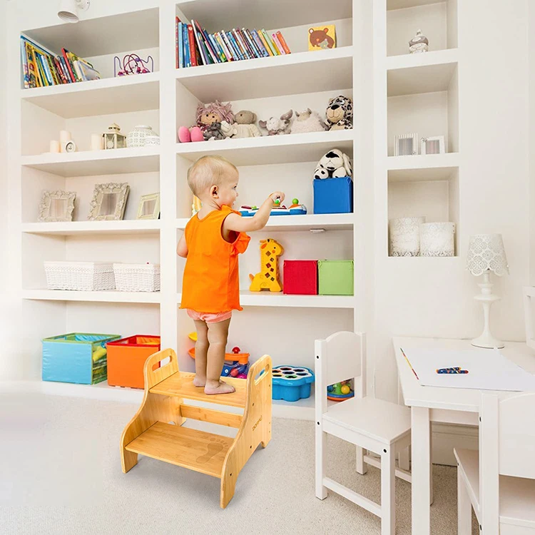 2-in-1 Portable Non-Slip Bamboo Bathroom Two Layer Step Toilet Stool with Handles for Adults Children Bamboo Toddler Step Stool