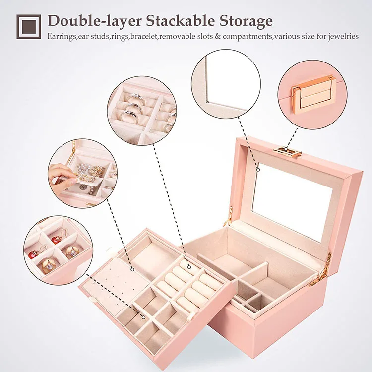 Jewelry Box for Womens Teen Girls,Large Jewelry Organizer Storage Case with Mirror  and 2 Layers Removable Tray,Leather Jeweller
