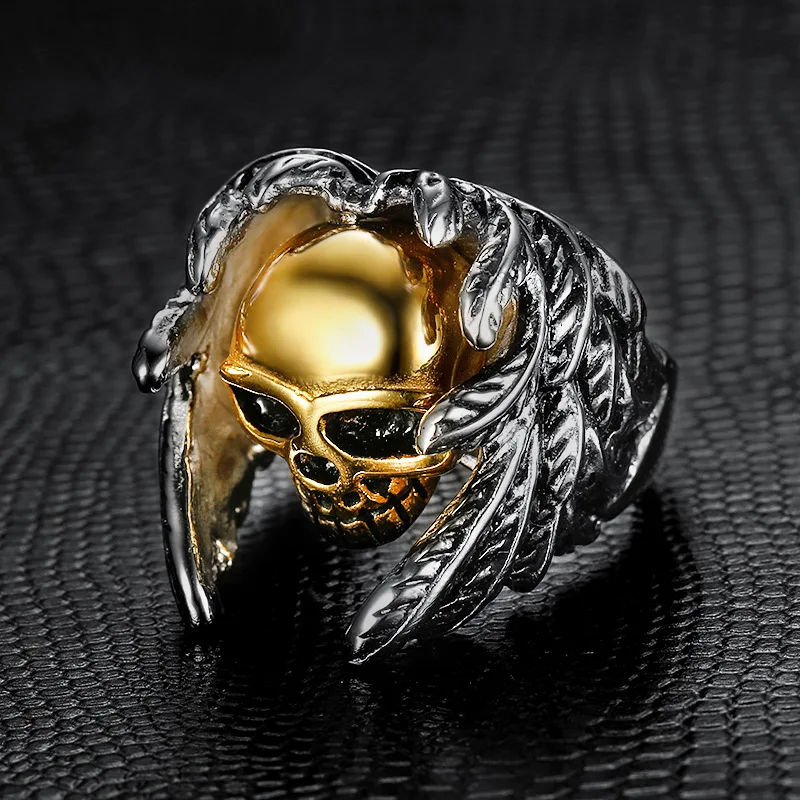 Wholesale Motorcycle Jewelry Vintage Silver Gold Angle Wing With Skull Wrapped Biker Rings for Men