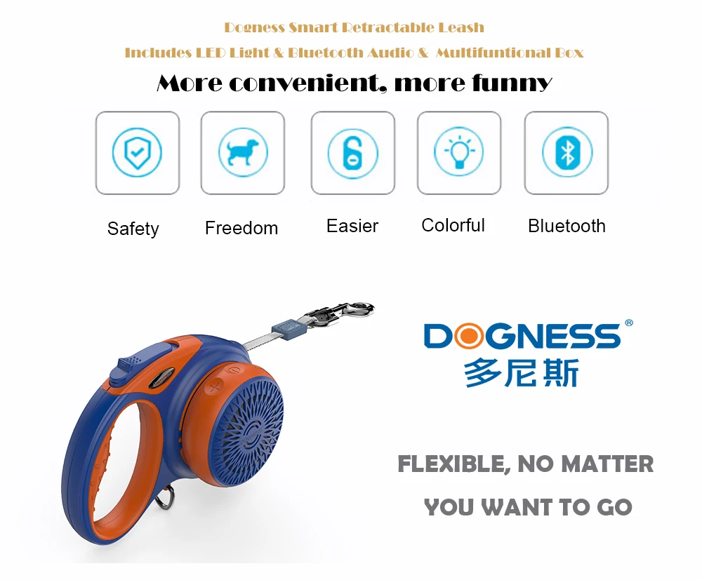  Dogness smart retractable strong nylon led light poop bag music dog