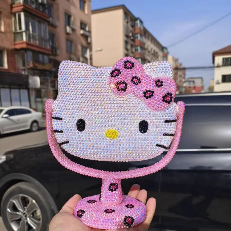 Hello Kitty Style Swivel Desktop Makeup Mirror Pocket Travel with Diamond Cosmetic Mirror Portable Handheld Mini Cute Mirror