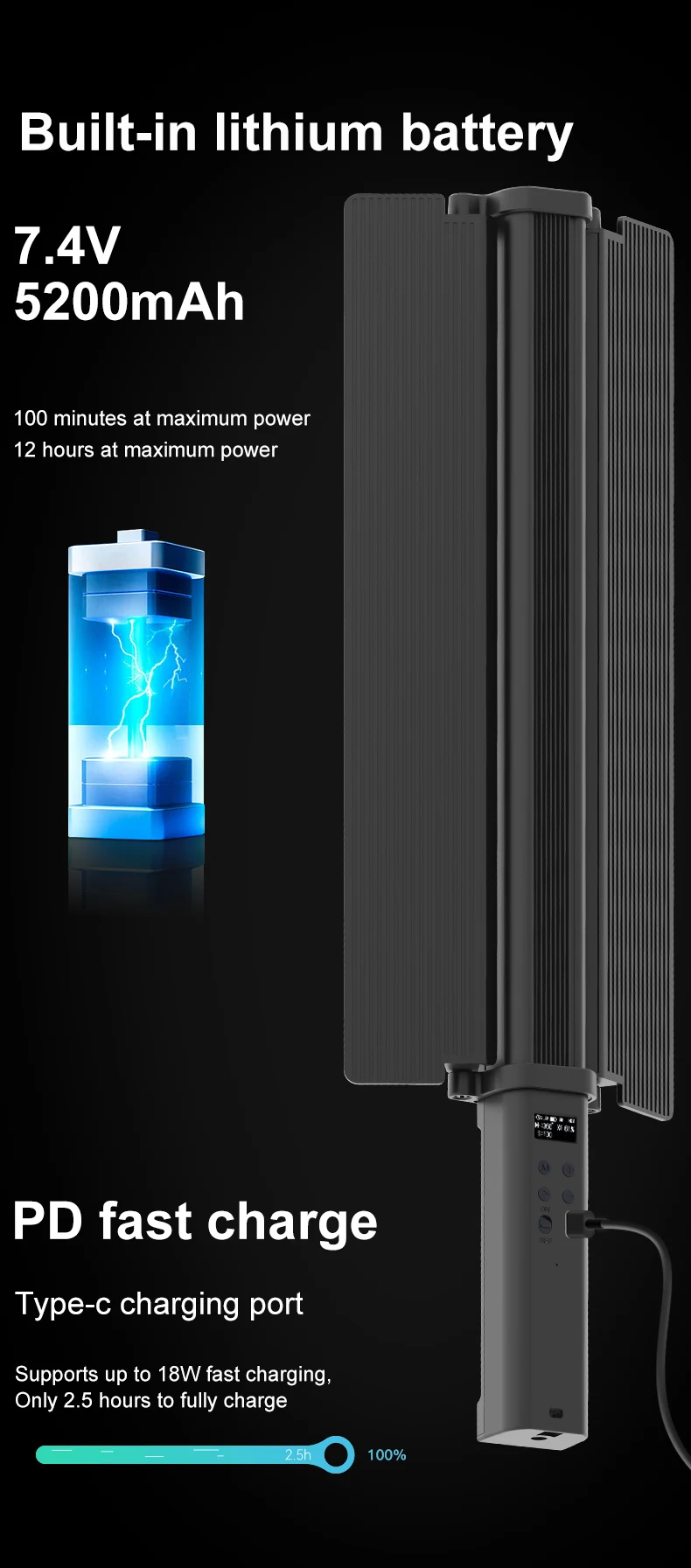 NiceFoto TC-C2 Portable Professional 5200mAh Round Film Fill Photographic RGB Handheld LED Video Tube Light Stick