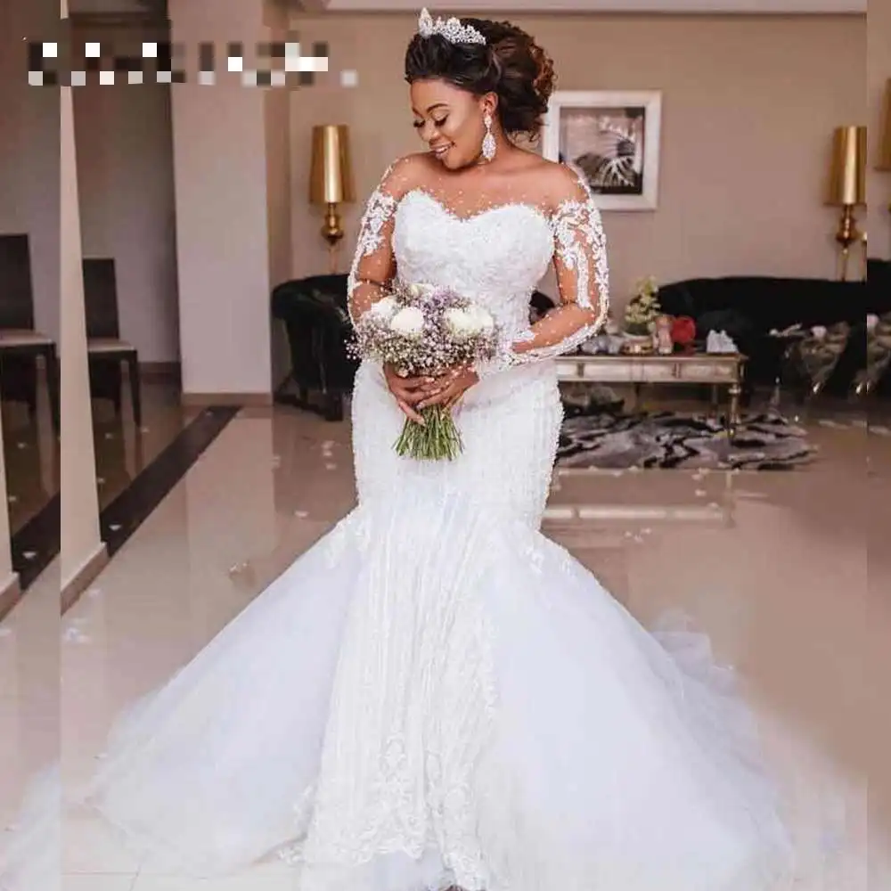 
W1075 new arrival women white beige luxury tulle lace long mermaid African women wedding dress 