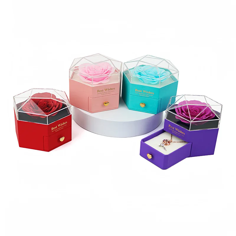 Hexagonal rose flower box soap flower rings ear studs necklace jewelry box