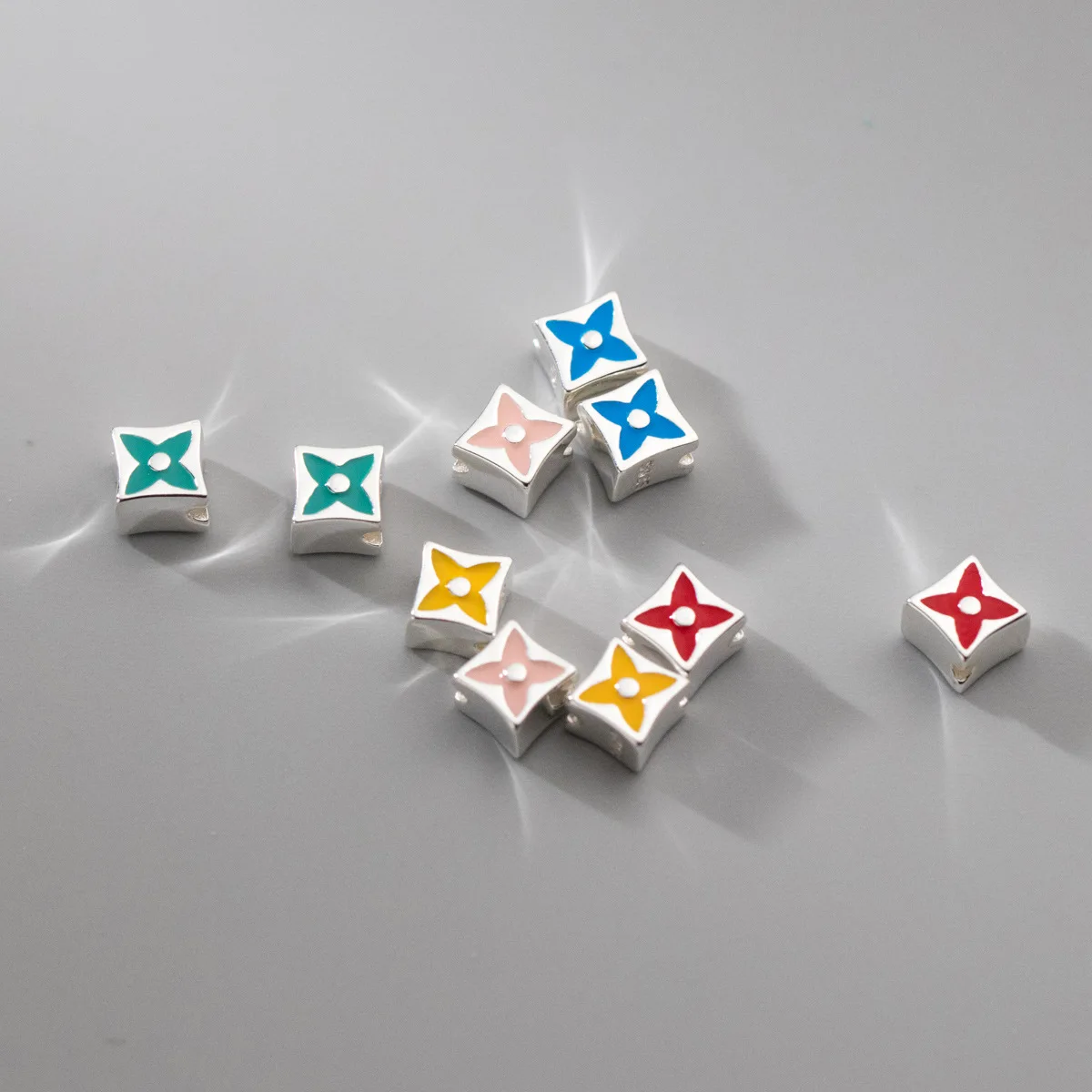 925 Sterling Silver Exquisite Colorful Rhombus Cube Four-leaf Clover Spacer Beads DIY Jewelry Making Accessories Wholesale