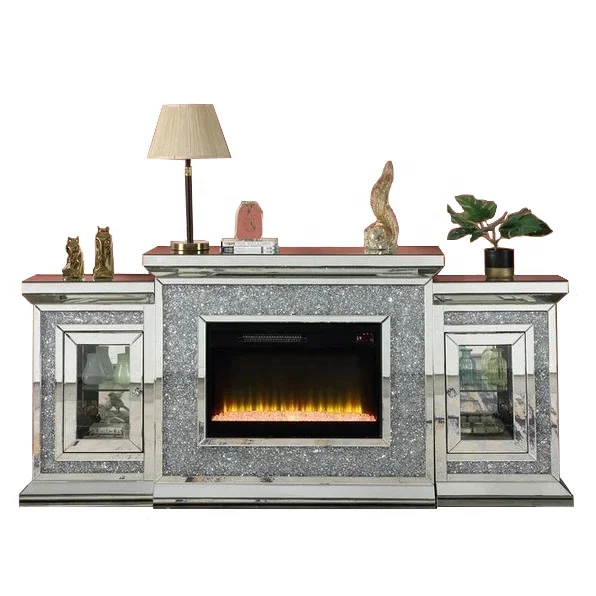 Faux diamond crystal glam mirrored TV console LED light fireplace with bluetooths