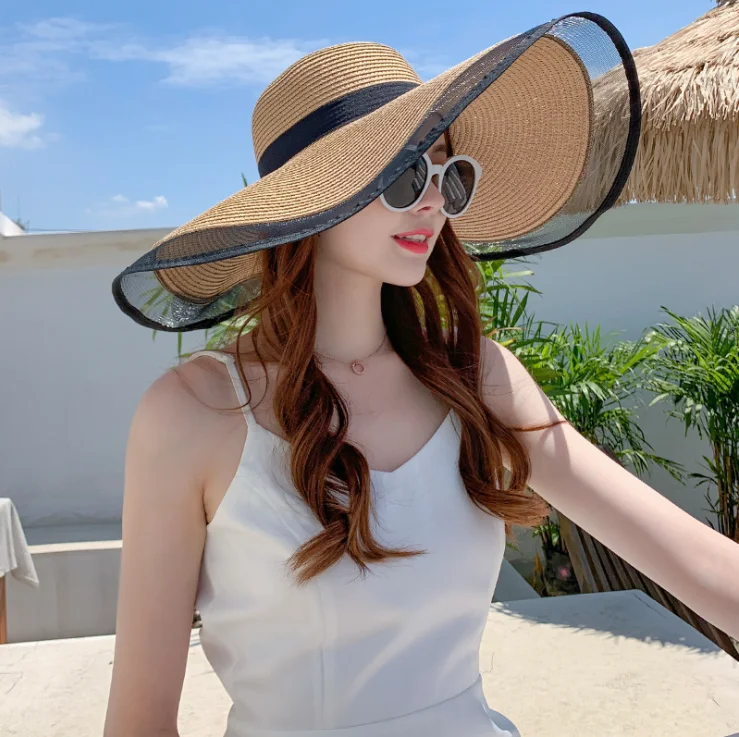 Women Broad Brim Beach Hat Summer Resort Sun Hat Foldable Straw   Hat