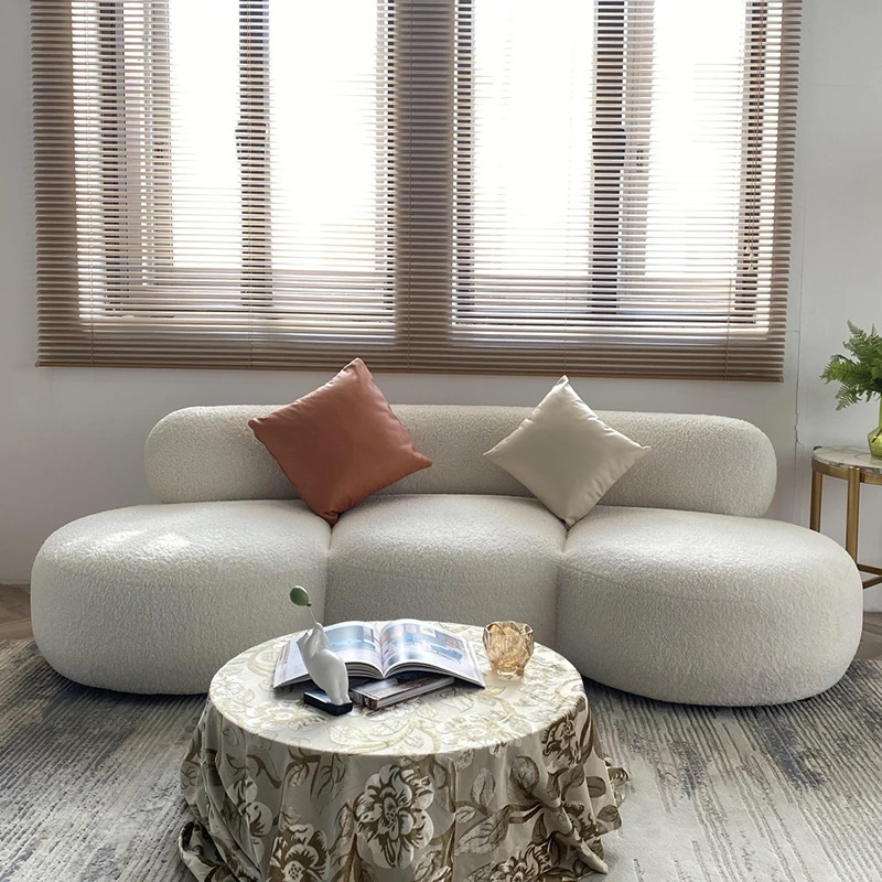 White Boucle Curved Couch Hot Dog velvet fabric sectional sofa hallway rest Reception Room lounge lamb wool sofa chair chaise