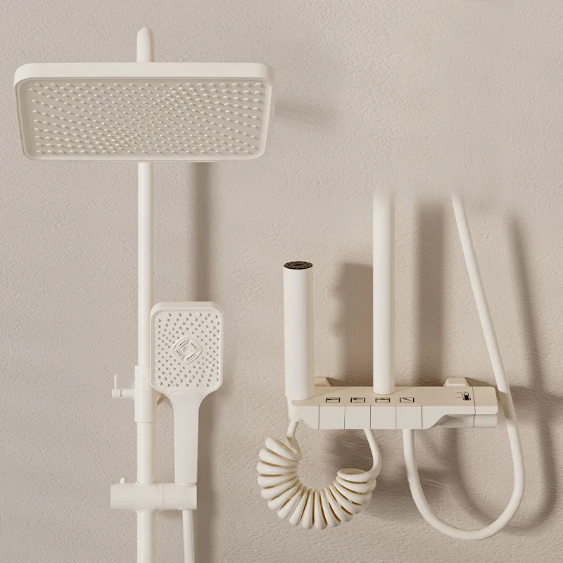 New Milky white Piano Key Copper Exposed Shower Mixer Led Temperature Digital Display Shower Set Bathroom