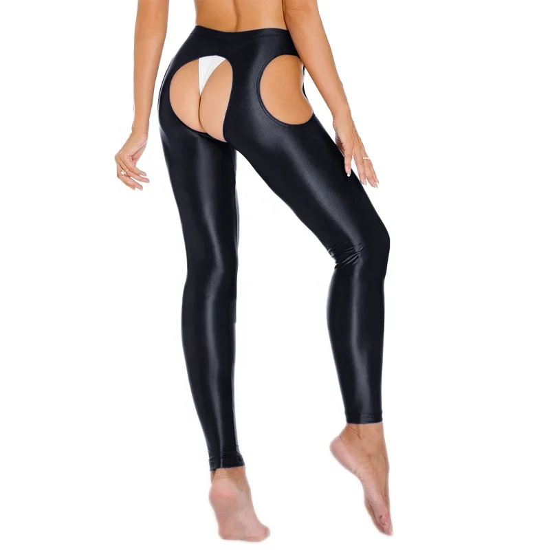 Wholesale Glossy Cutout Leggings High Waist Open Crotch Thigh Stretchy Pants Leggings For women sexy
