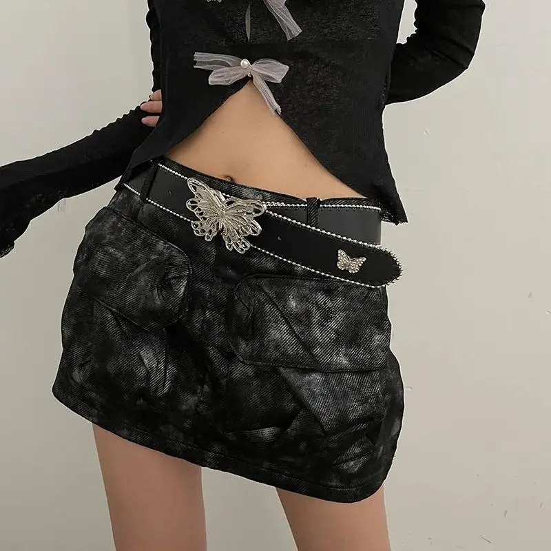 Y2K Jeans Butterfly Pin Buckle PU Belt for Women Subculture Goth Punk Buckle Waist Belt Vintage Wide Belt for Teens Girls Female