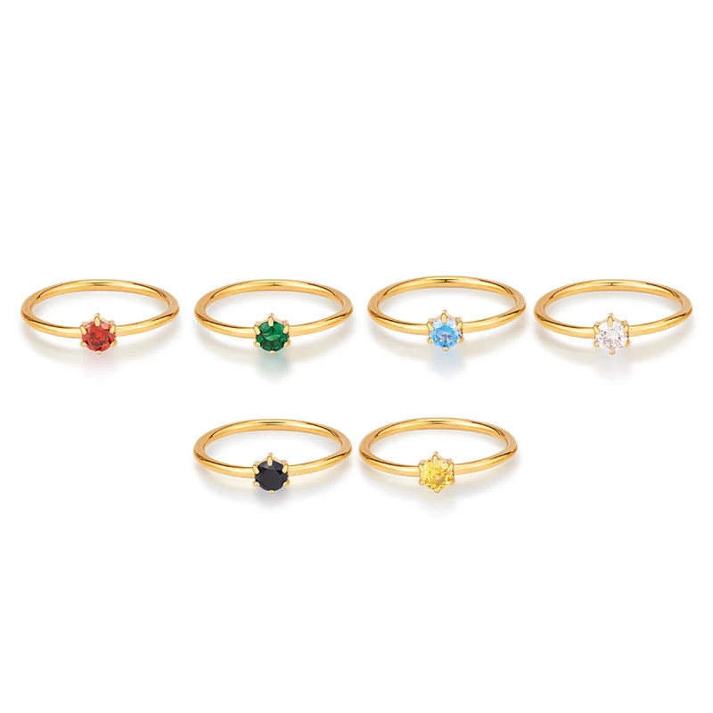 Women Engagement Fashion Stainless Steel Jewelry Rings 18K Gold Plated Six Claws Round Colorful Zircon Wedding Ring For Women