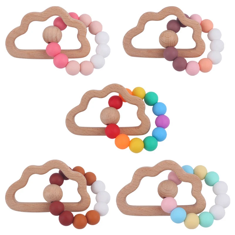 Environmental Protection Beaded Beech Chewable Sensory Baby Wooden Bracelet Silicone Teether Toys