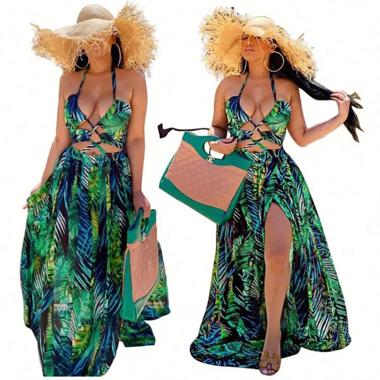 Женское длинное пляжное платье, элегантное ажурное Повседневное платье с принтом для девушек и женщин, богемный бандаж, лето 2022