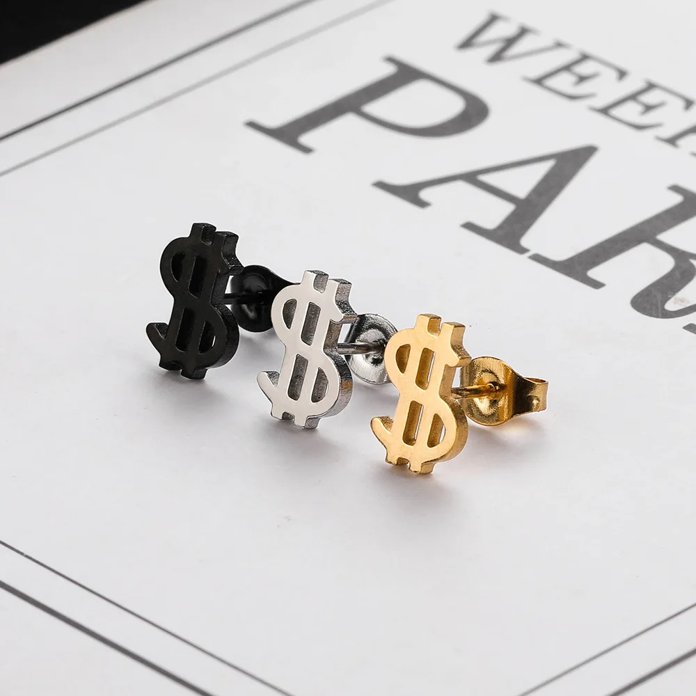 Dollar Sign Small Stud Earrings Couples Cool Style Simple Titanium Steel Earrings Men and Women Punk Style Earrings