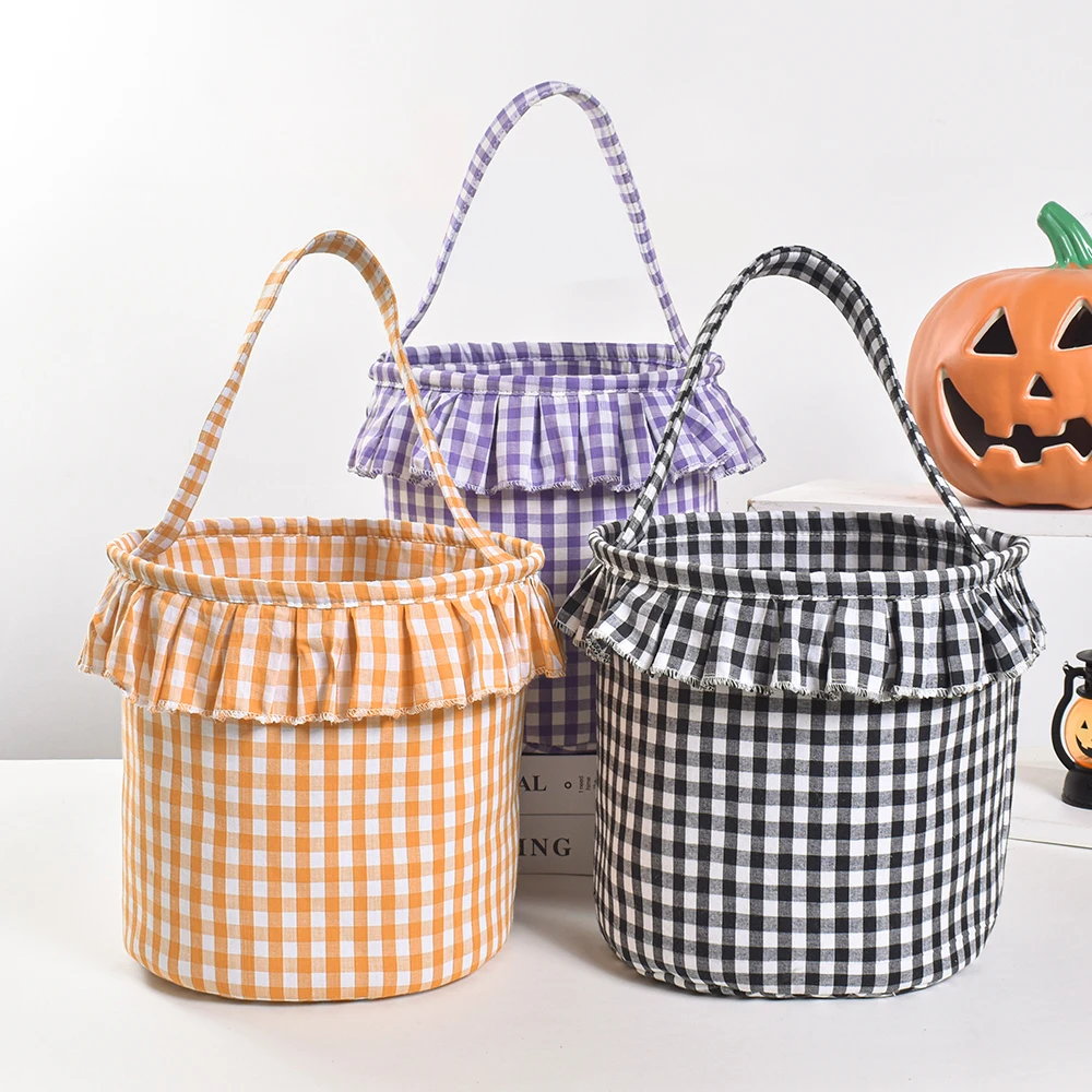 Purple Ruffle Gingham Halloween Personalized Trick or Treat Candy Halloween Candy Basket Bag