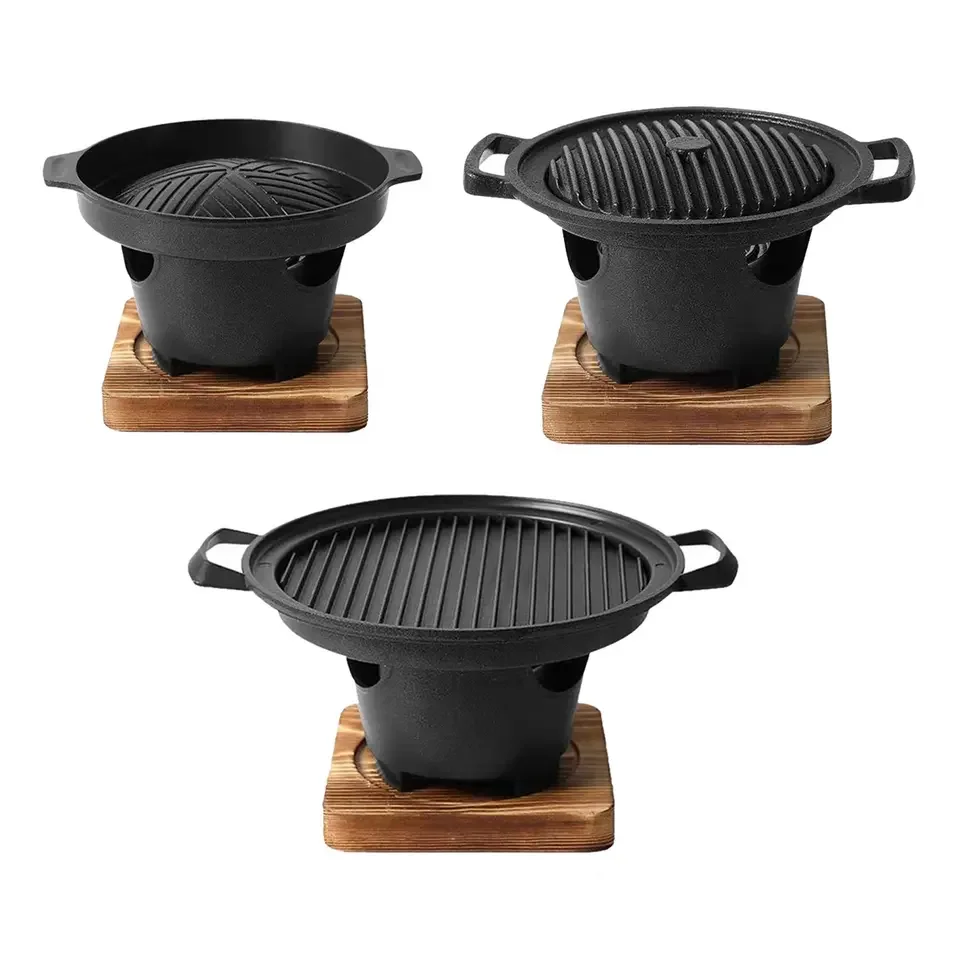 Japanese Style Cast Iron Sukiyaki Hot Pot with Wooden Lid Tetsu Nabe Pot Shabu Pot