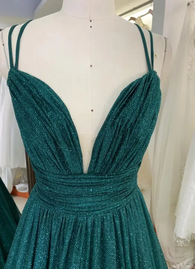 Emerald green sleeveless glitter tulle hand pleated deep V neck A line lace up back prom dresses 2023
