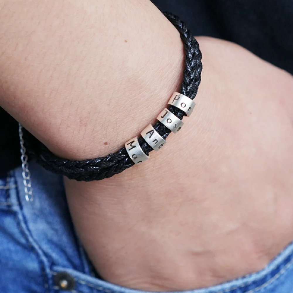 Плетеные ювелирные изделия «сделай сам» браслет для мужчин из нержавеющей стали с золотыми кожаными бусинами и именами логотипом на заказ
