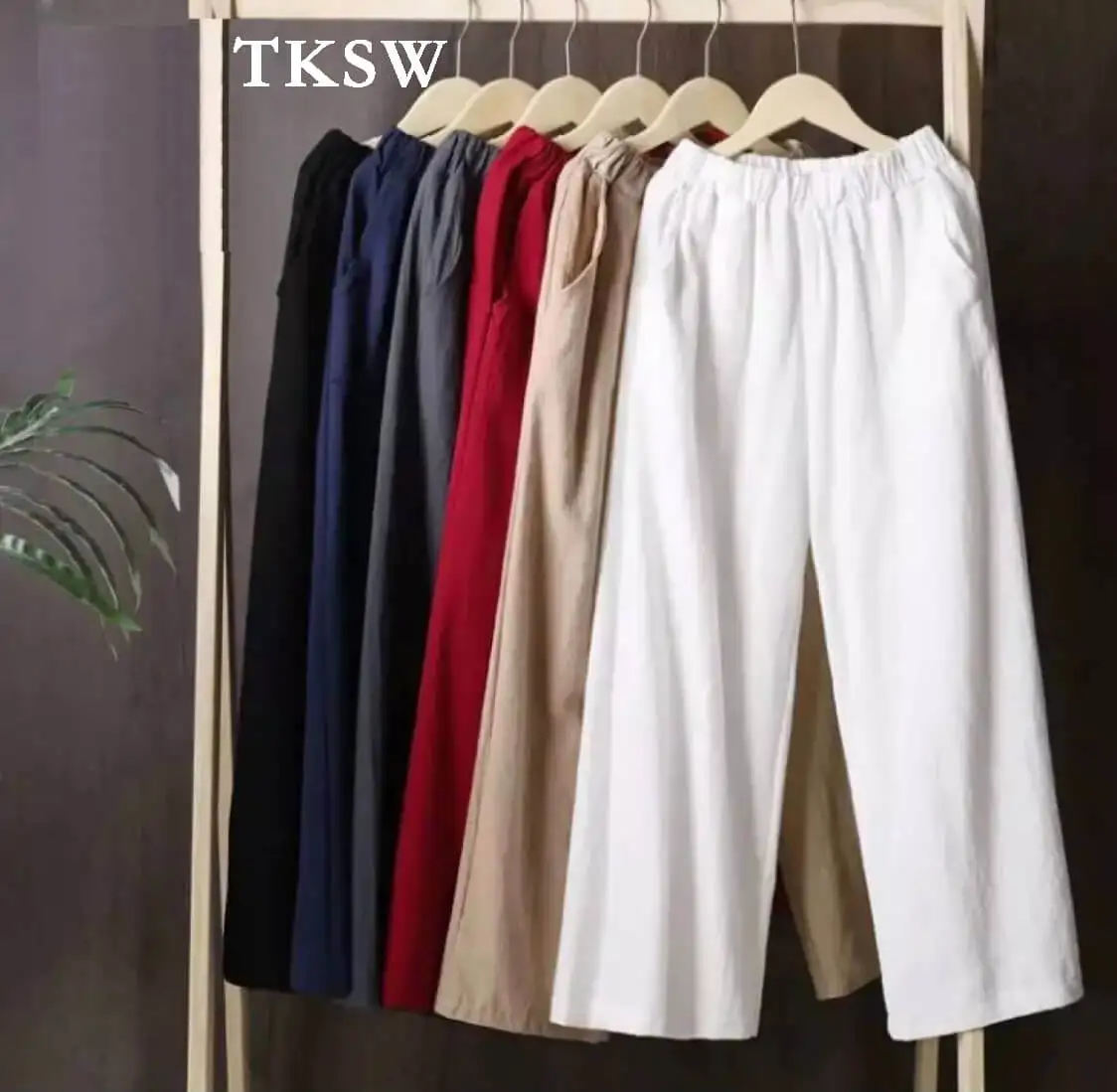 Malaysia Wholesale Lady Office Pants Women High Waist Floor Length Palazzo Trousers With Pocket Pleated Elegant Wide Leg Pants