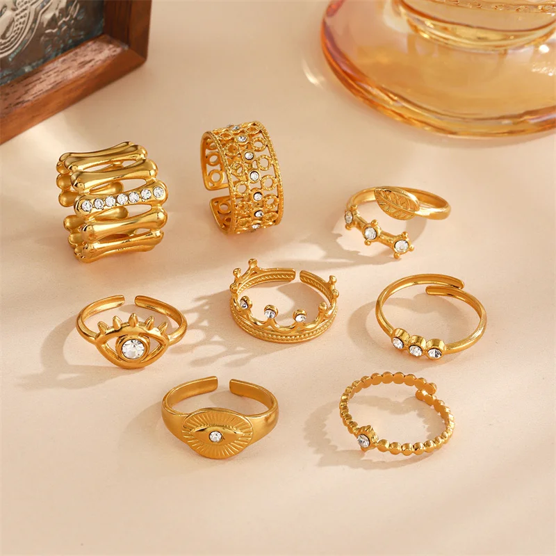 Vintage Rhinestone Inlaid Hollow Bone Wide Rings PVD Gold Plated Stainless Steel Leaf Evil Eyes Diamond Open Ring