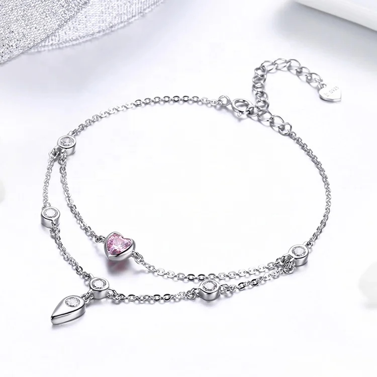 Amazon Pink cubic zirconia Love Heart shape Femme 925 Sterling Silver love bracelet