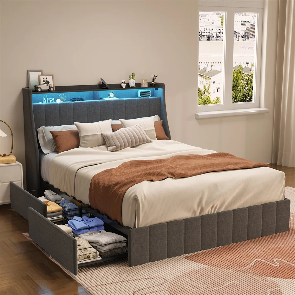 2024 New Twin Size Modern Wooden Beds Solid Wood Bed Frame Simple Double Bed Design in Wood with Storage Drawer with Headboard
