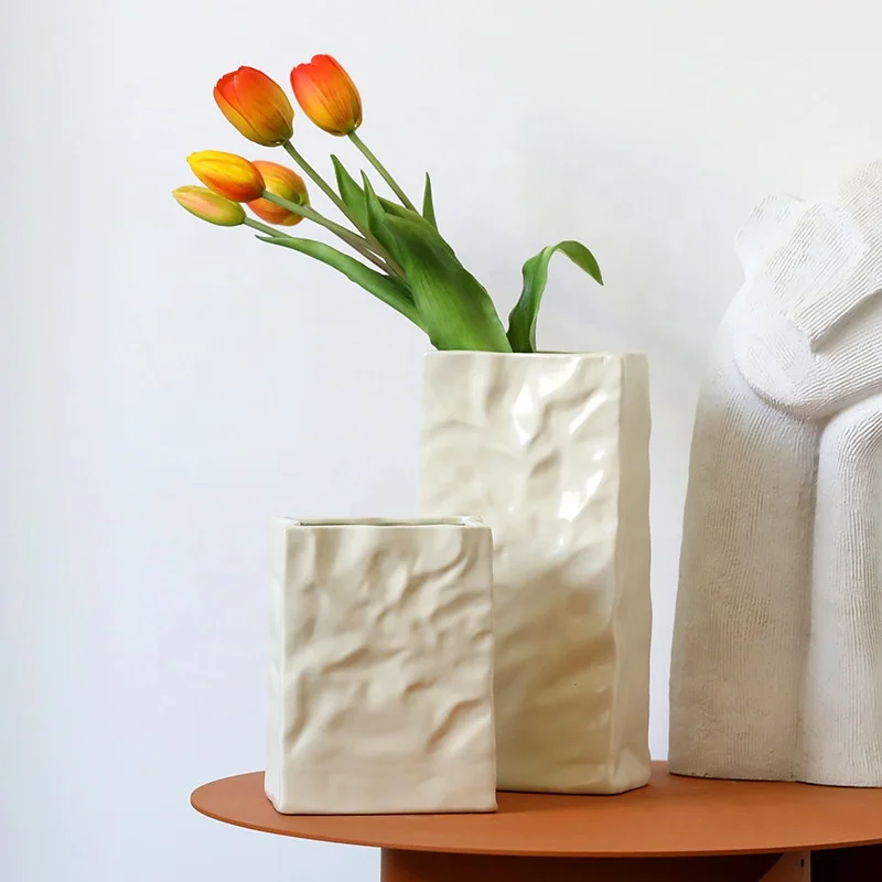 Modern Trendy Home Dining Room Table Centerpiece Unique Square Wide Mouth Pleated Decor White Crinkle Paper Bag ceramic vase