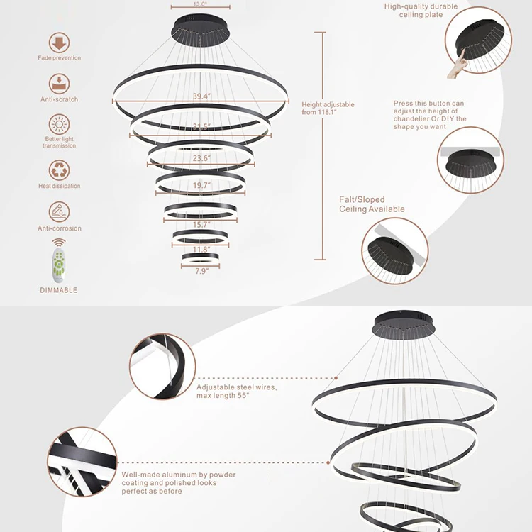 Custom Lighting Living Room Hotel Project Iron Aluminum Round Modern Ceiling Chandelier Led Circle Ring Pendant Light