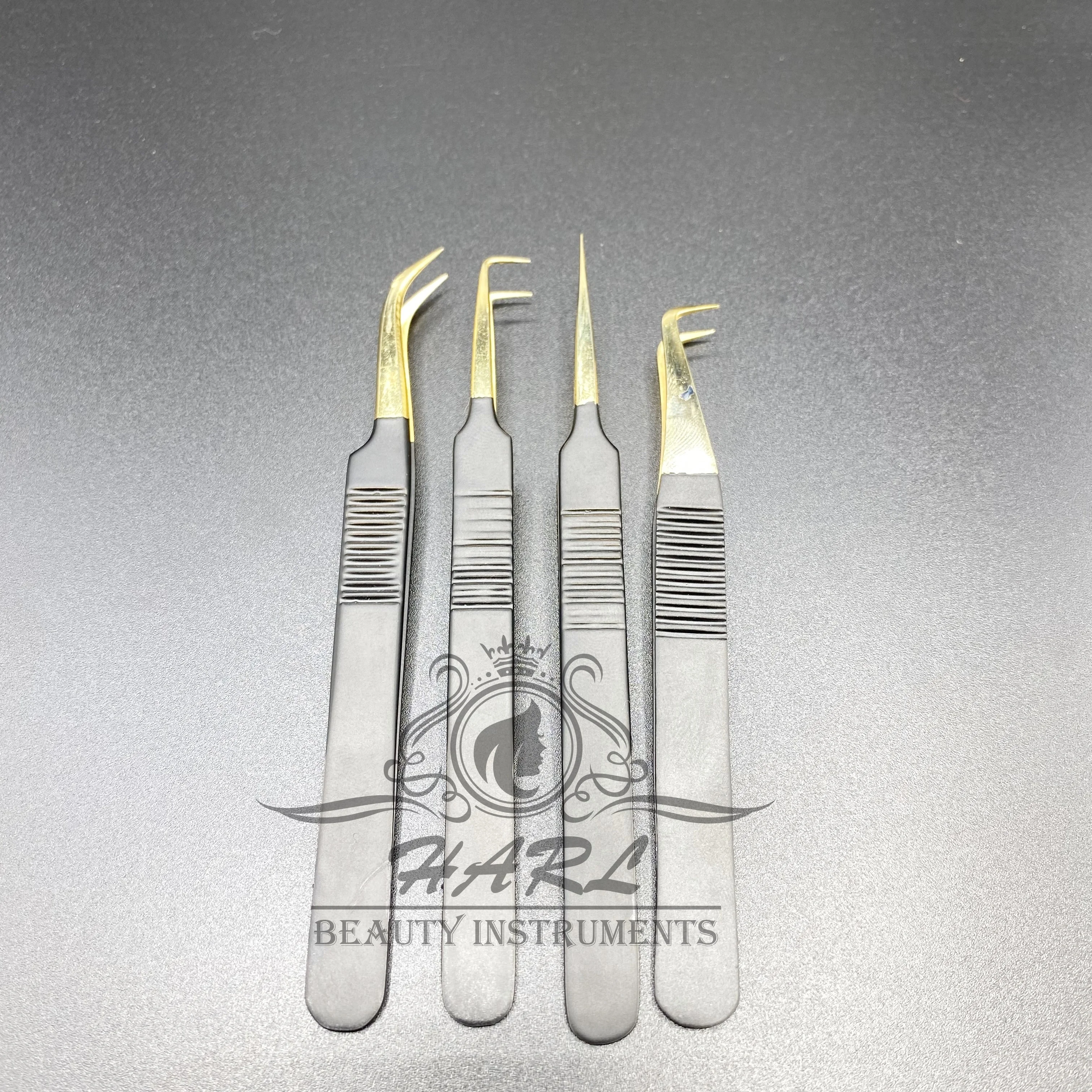 90 Degree Curved Pointed Tweezers Stainless Steel Eyelash Extension Tweezers Fiber Black Gold Plain Grip Making Mega Eyebrows
