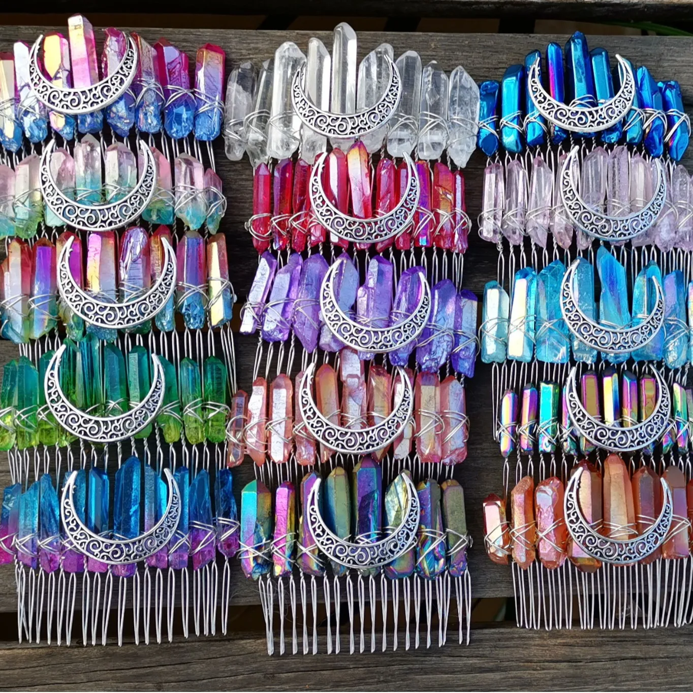 Wicca Witch Moon DIY Natural Crystal Hair Comb 20 Tooth Rainbow Red Sky Blue Bridal Silver Line Engraved Quartz Souvenir