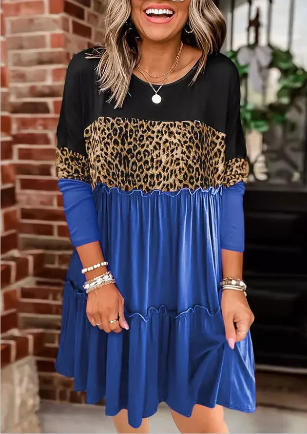 Women Leopard Color Block Ruffled Splicing Mini Dress