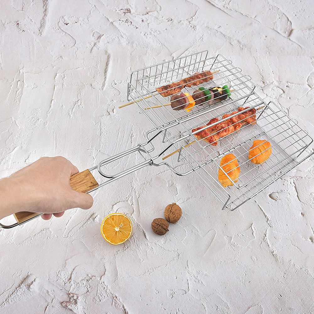 WINHONW meshes tools grill net basket nonstick portable bbq barbecue grill basket for rotisserie fish vegetables shrimp