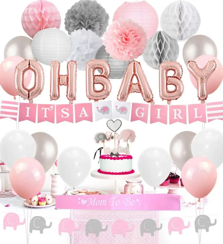 Это баннер для девочки, комплект воздушных шаров с надписью Oh Baby Girl Baby Shower на тему слона, Детские принадлежности для душа